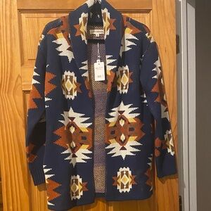 NWT Lucky Brand Aztec Southwest Shawl Open Front Boho Cardigan Sweater